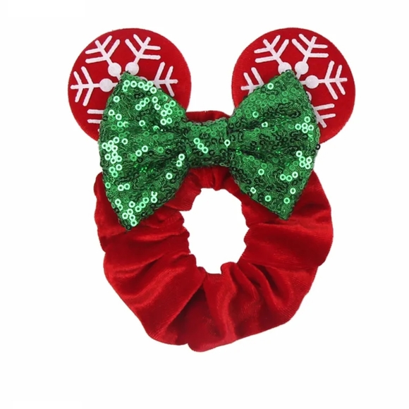 5/25 brand new velvet scrunchie Minnie mouse ears w holiday themed bow 2 designs - Picture 2 of 7